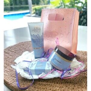 Bath & Body Lavender Vanilla Birthday Set Lotion, Scrub, Soap, & Leatherette Bag